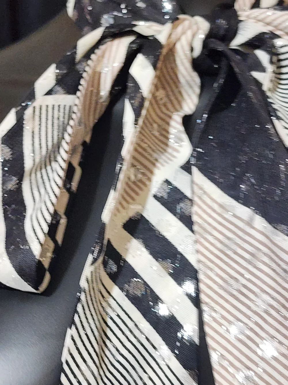 Vintage 80s Bow Neck Scarf Black White Striped Polka Dot Shimmer Oblong